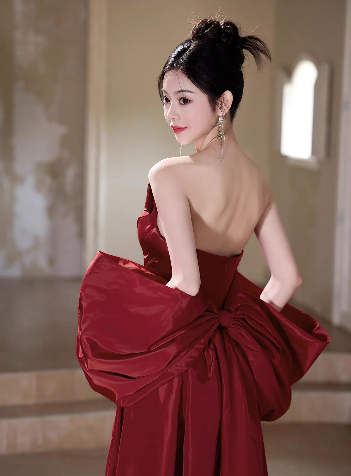 Classy-Deep-Red-Off-Shoulder-Strapless-Puff-Sleeves-High-Slit-Formal-Gown14