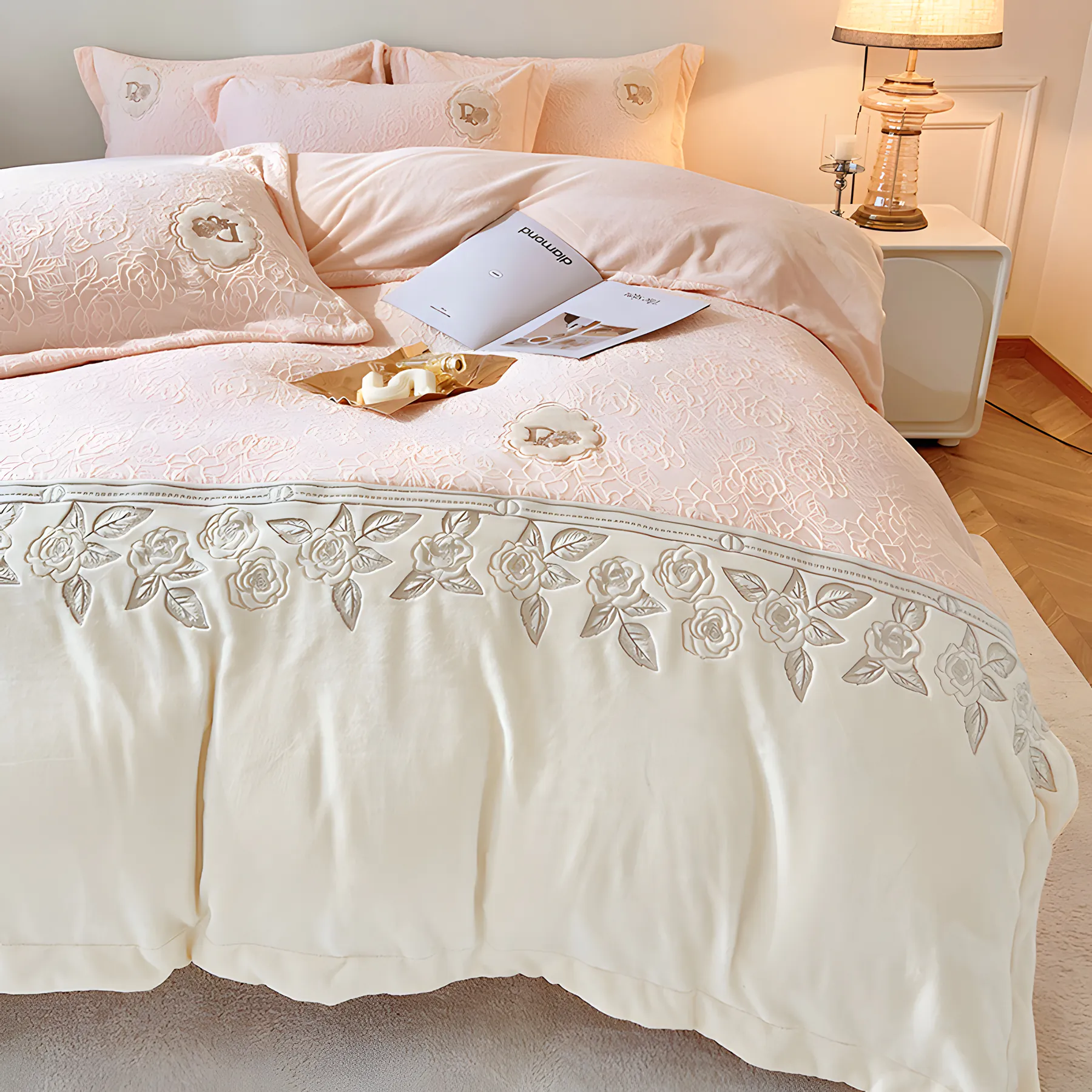 Cozy Carving Rose Flower Milk Fiber Embroidery Bedding Set01