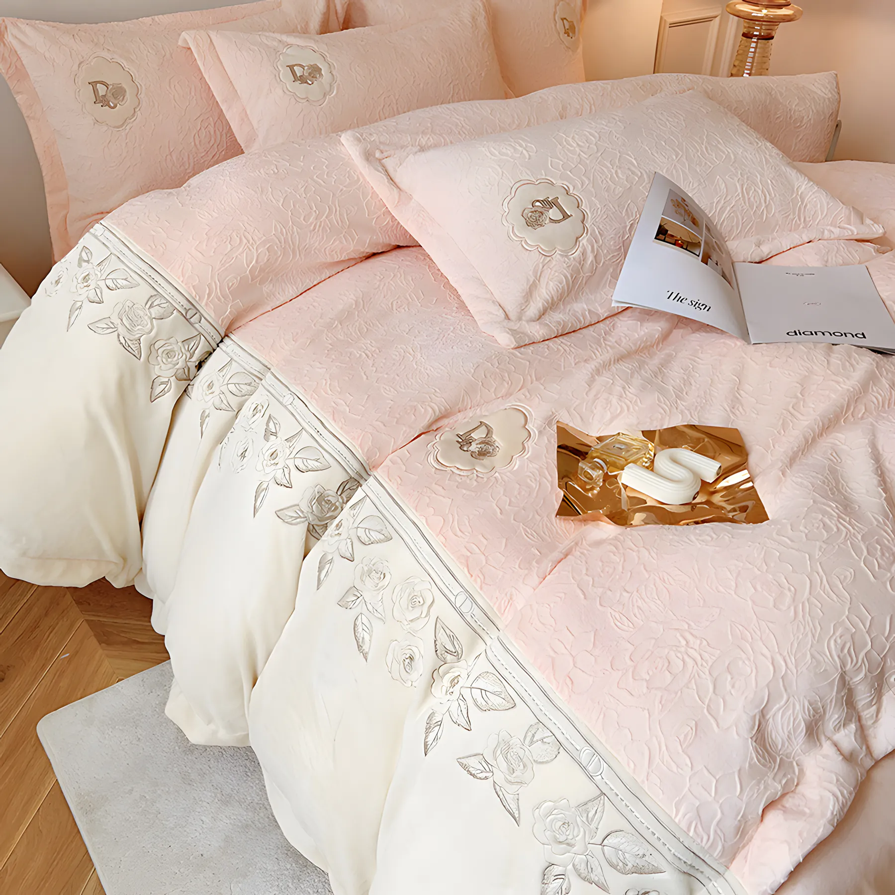 Cozy Carving Rose Flower Milk Fiber Embroidery Bedding Set03
