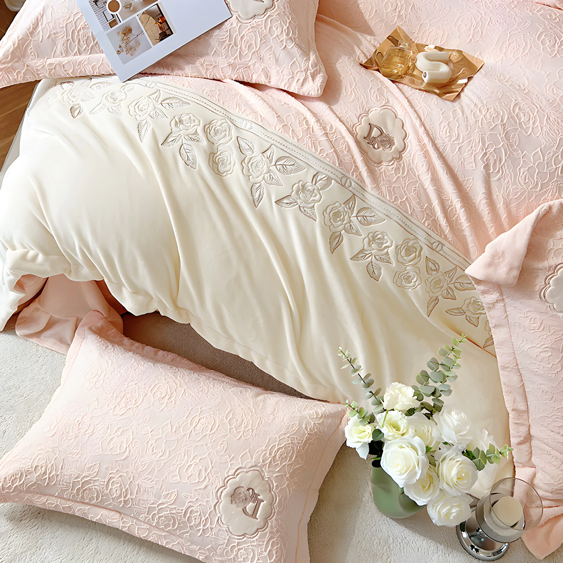 Cozy Carving Rose Flower Milk Fiber Embroidery Bedding Set05