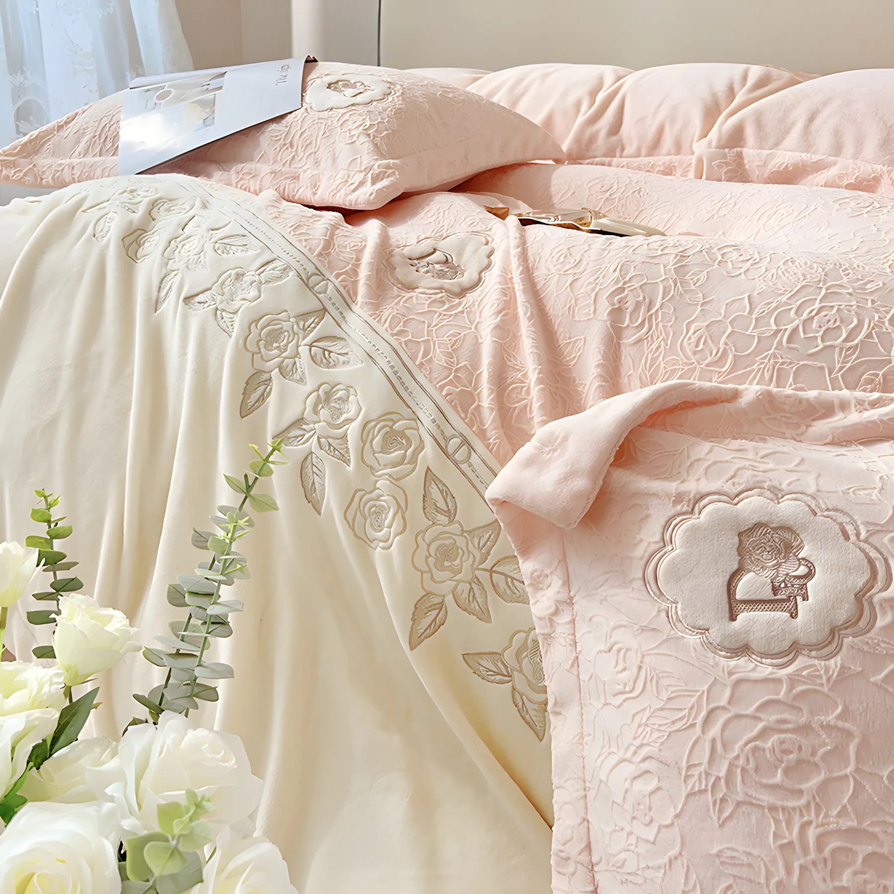 Cozy Carving Rose Flower Milk Fiber Embroidery Bedding Set06