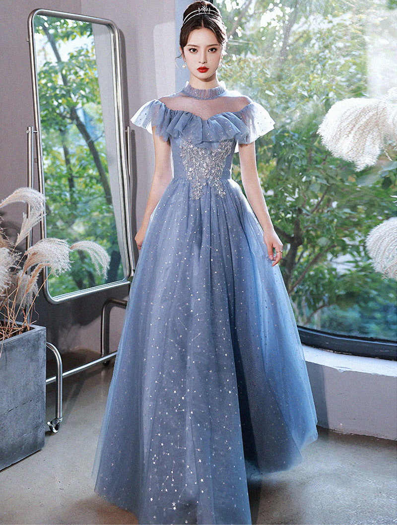 Fashion Off the Shoulder Long Blue Cocktail Party Prom Dress01