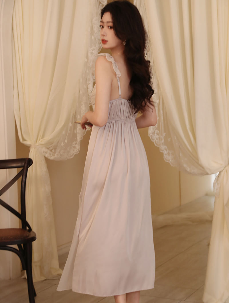 French Vintage Princess Style Lace Tulle Home Casual Long Slip Dress01