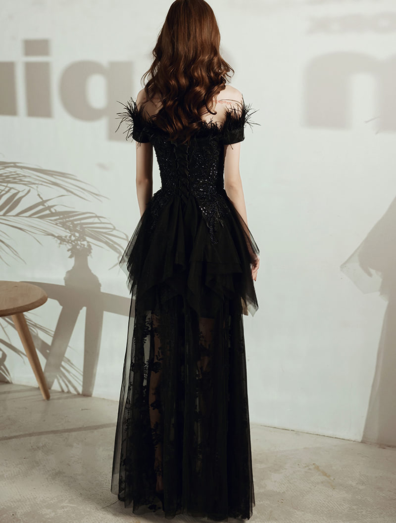 Luxury Black Feather Cocktail Prom Dress Evening Party Long Gown01