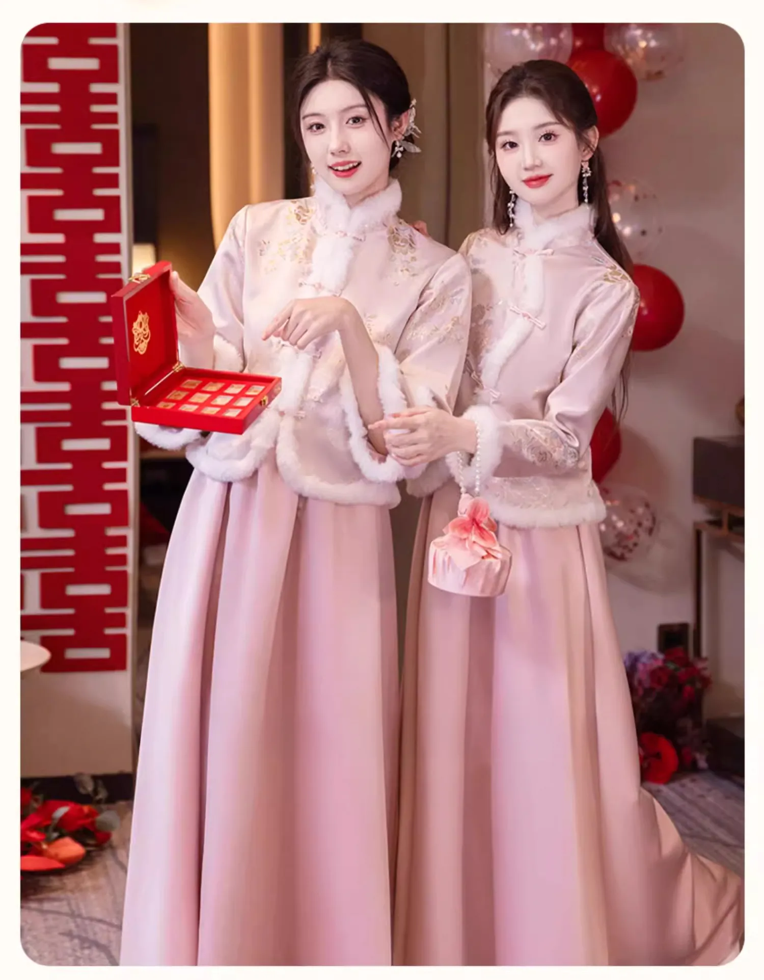 Pink-Embroidered-Faux-Fur-Trim-Fall-Winter-Long-Sleeve-Bridesmaid-Dress11