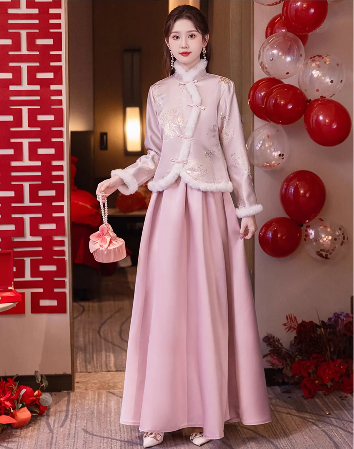 Pink-Embroidered-Faux-Fur-Trim-Fall-Winter-Long-Sleeve-Bridesmaid-Dress16
