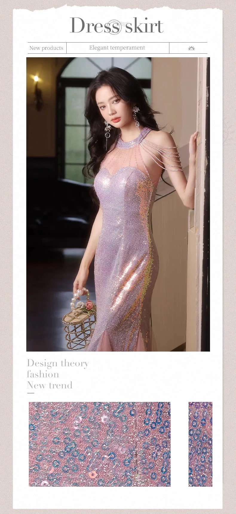 Pink-Sequin-Halter-Sheer-Tulle-Neck-Tassel-Shoulder-Mermaid-Evening-Dress07