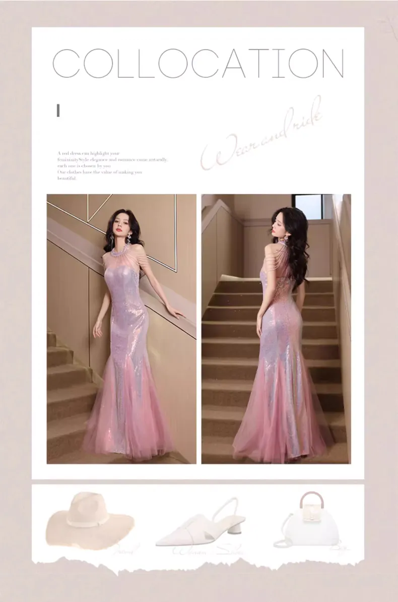 Pink-Sequin-Halter-Sheer-Tulle-Neck-Tassel-Shoulder-Mermaid-Evening-Dress08
