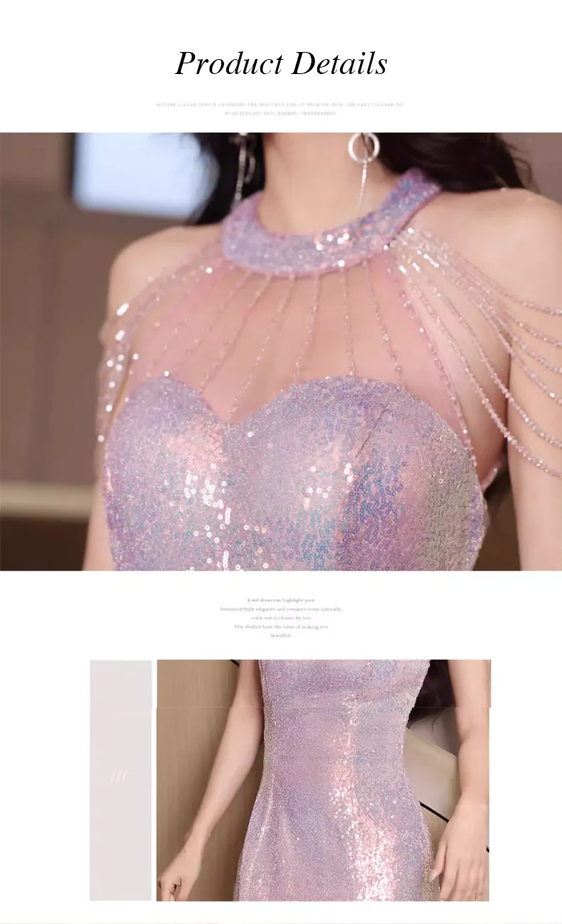 Pink-Sequin-Halter-Sheer-Tulle-Neck-Tassel-Shoulder-Mermaid-Evening-Dress09