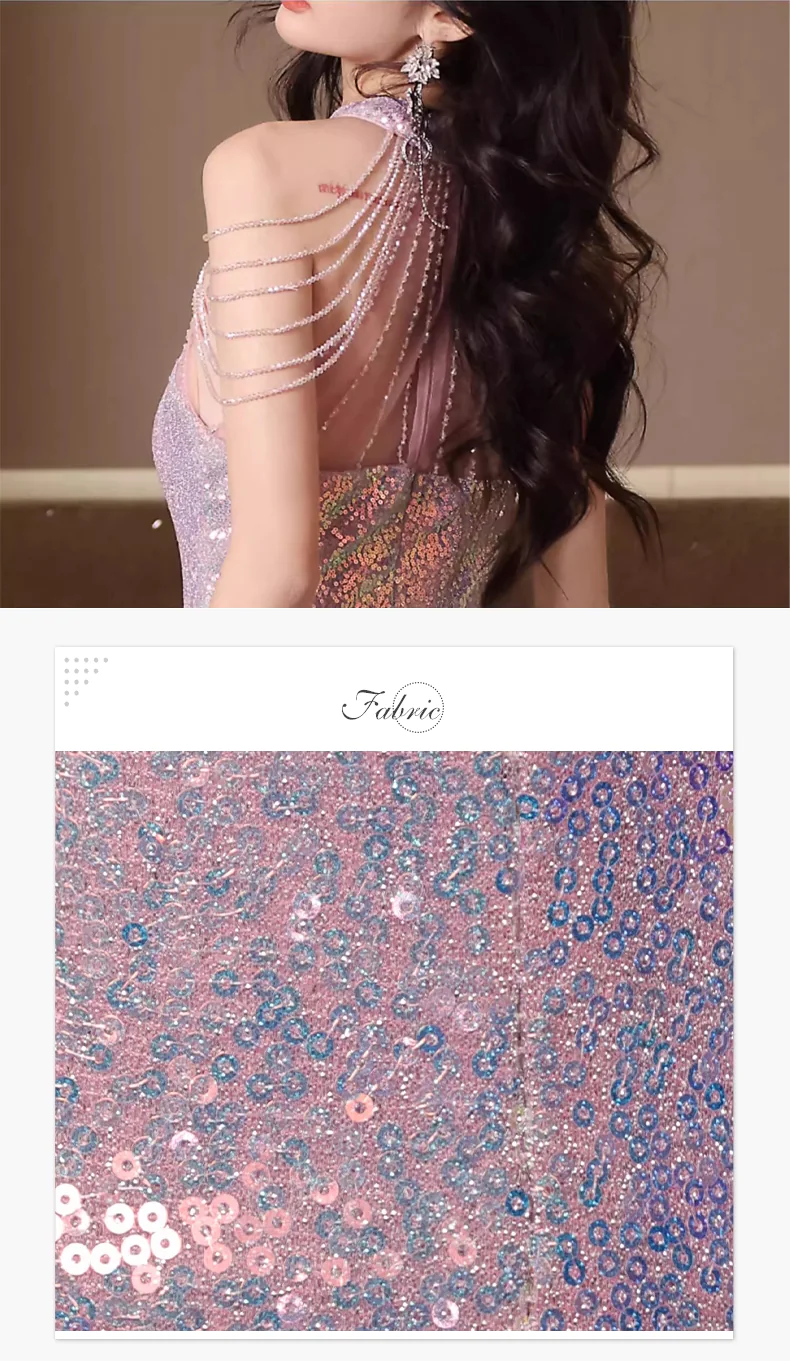 Pink-Sequin-Halter-Sheer-Tulle-Neck-Tassel-Shoulder-Mermaid-Evening-Dress10