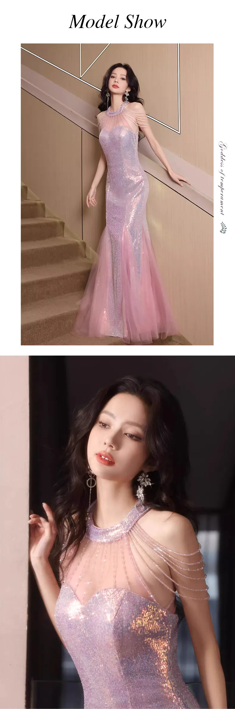 Pink-Sequin-Halter-Sheer-Tulle-Neck-Tassel-Shoulder-Mermaid-Evening-Dress11