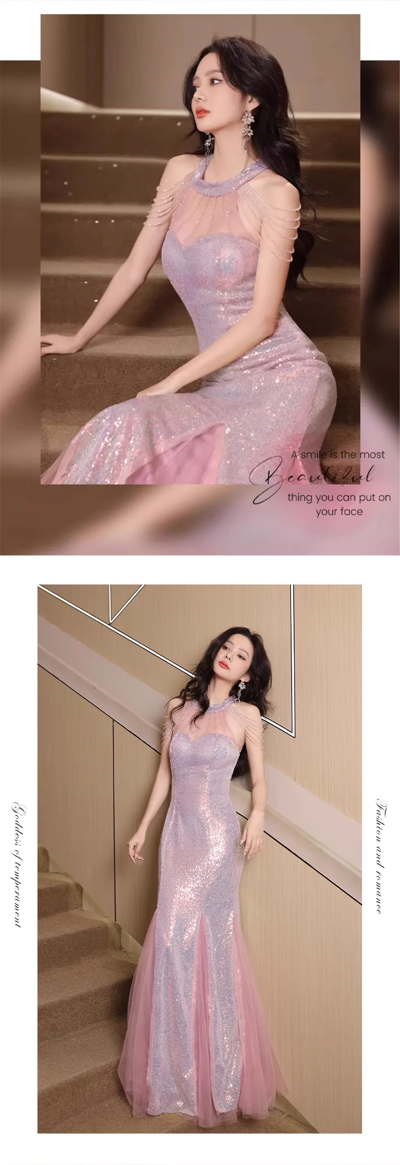 Pink-Sequin-Halter-Sheer-Tulle-Neck-Tassel-Shoulder-Mermaid-Evening-Dress12