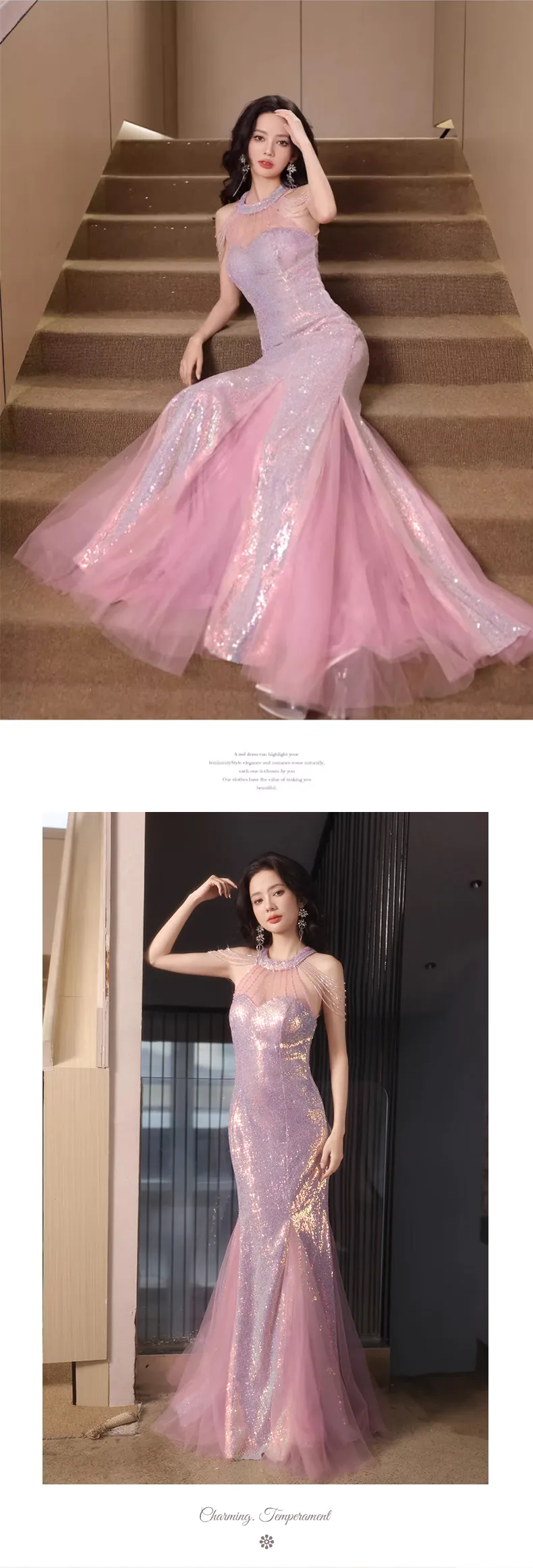 Pink-Sequin-Halter-Sheer-Tulle-Neck-Tassel-Shoulder-Mermaid-Evening-Dress13
