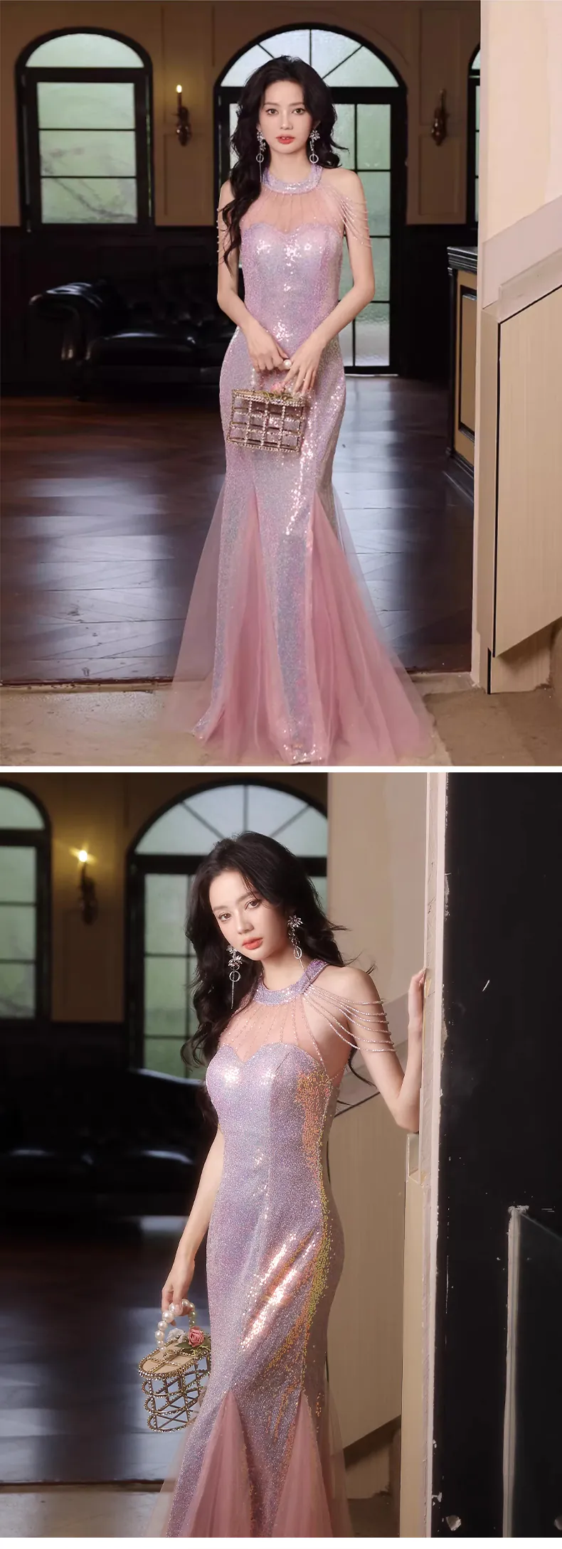 Pink-Sequin-Halter-Sheer-Tulle-Neck-Tassel-Shoulder-Mermaid-Evening-Dress14