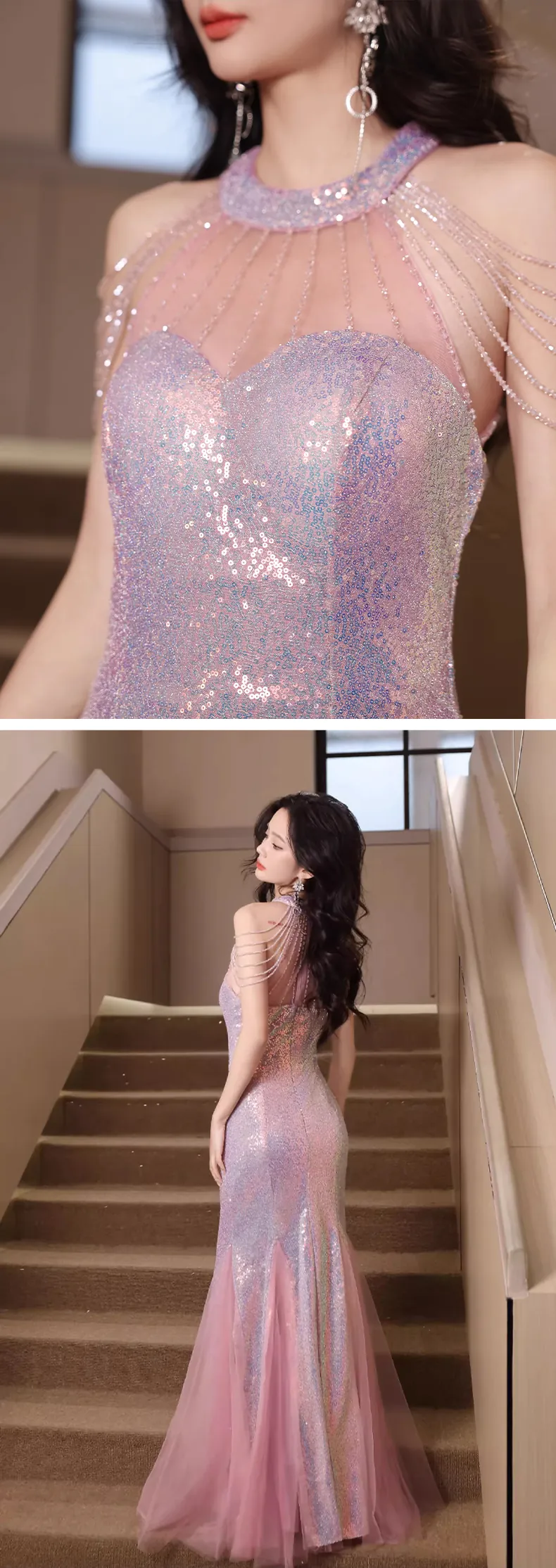 Pink-Sequin-Halter-Sheer-Tulle-Neck-Tassel-Shoulder-Mermaid-Evening-Dress15