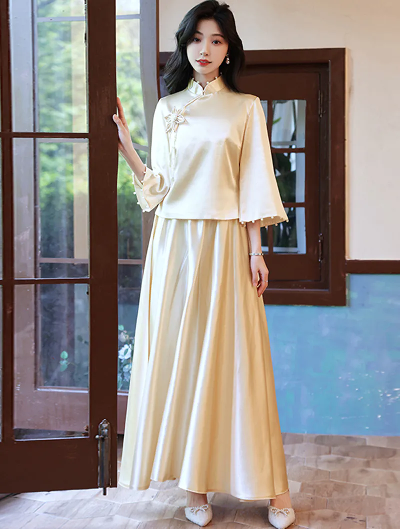 Simple Chinese Style Long Sleeve Satin Bridesmaids Party Dress01