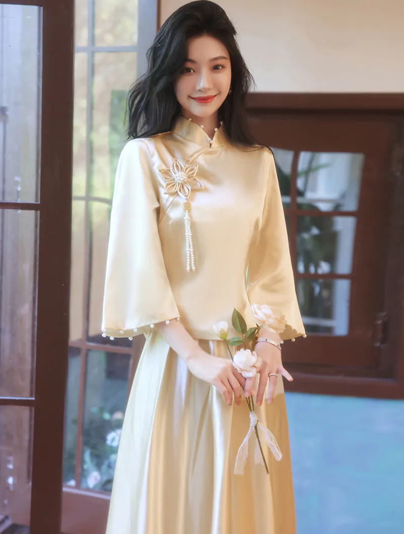 Simple Chinese Style Long Sleeve Satin Bridesmaids Party Dress02