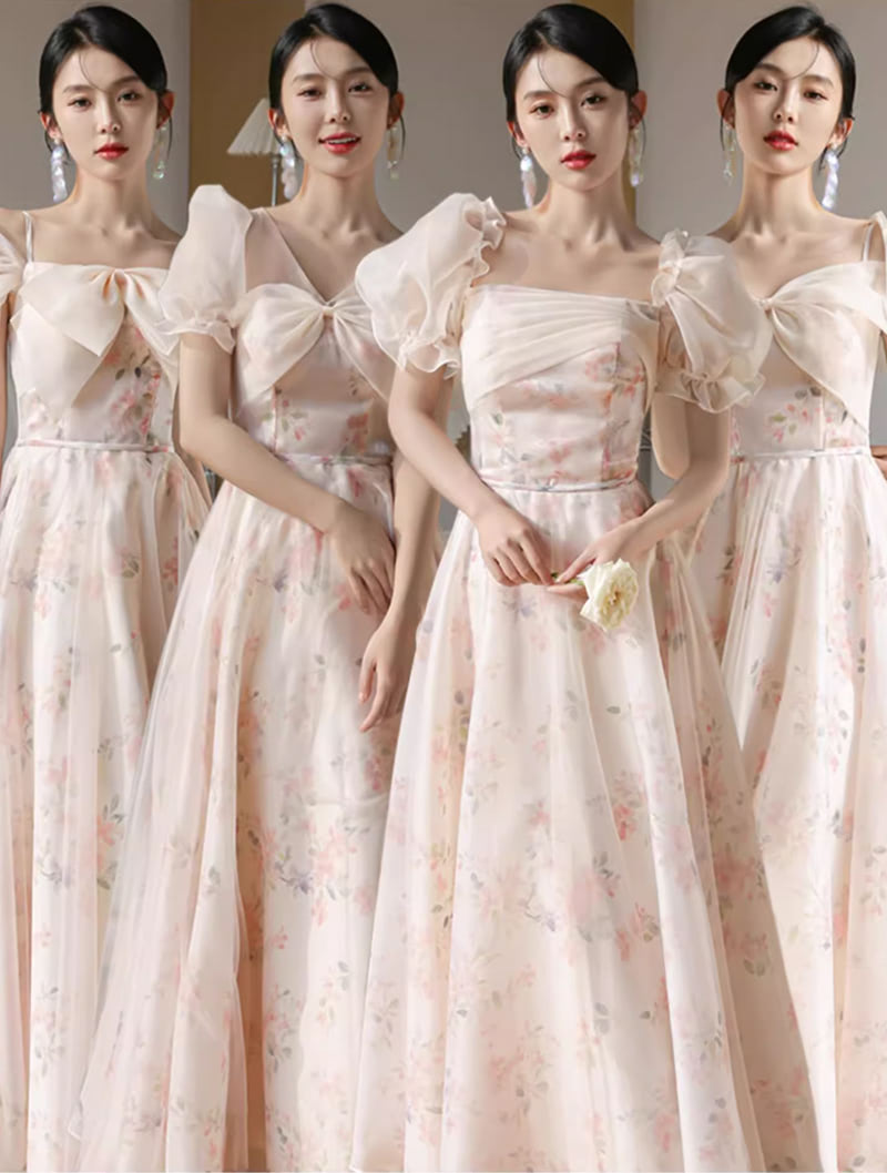 Sweet A line Chiffon Pink Floral Tulle Maxi Cocktail Bridesmaid Dress01