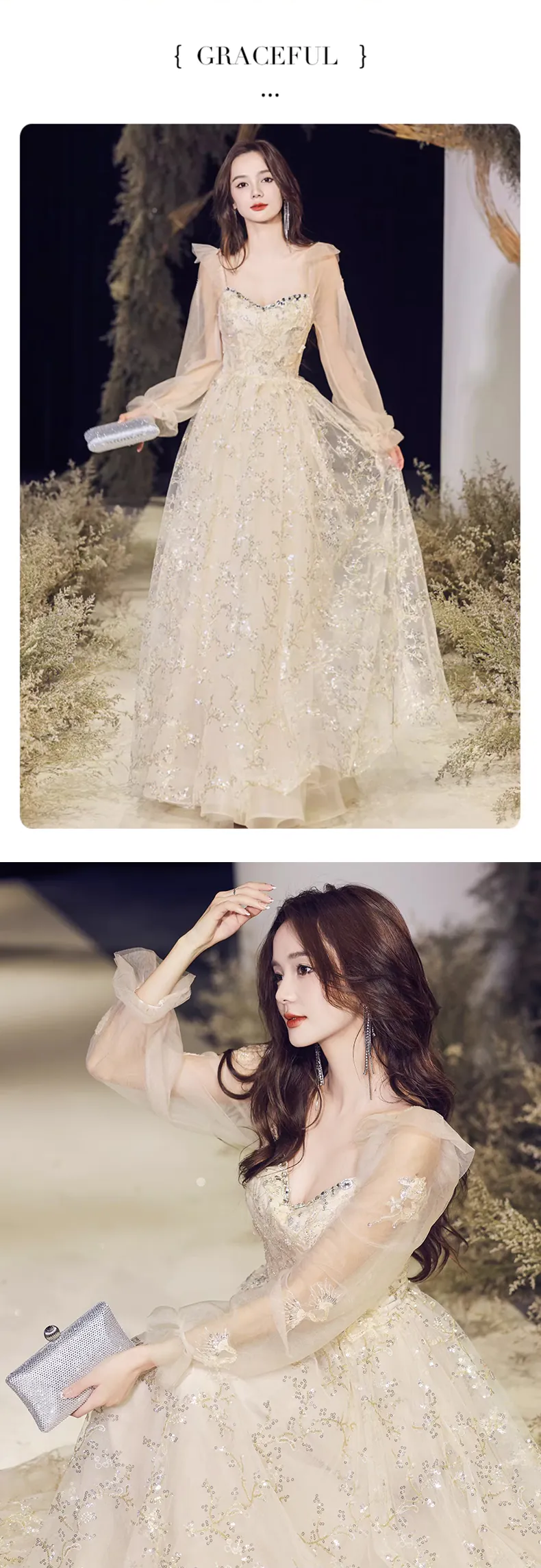 Sweet-Champagne-Square-Neck-Long-Tulle-Sleeves-Prom-Evening-Dress11