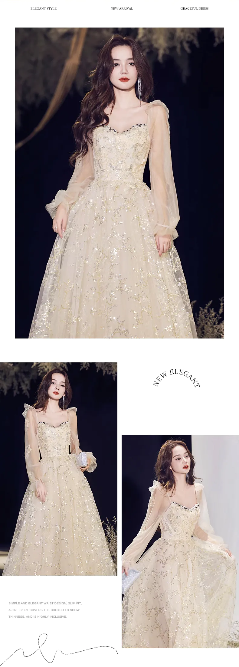 Sweet-Champagne-Square-Neck-Long-Tulle-Sleeves-Prom-Evening-Dress12