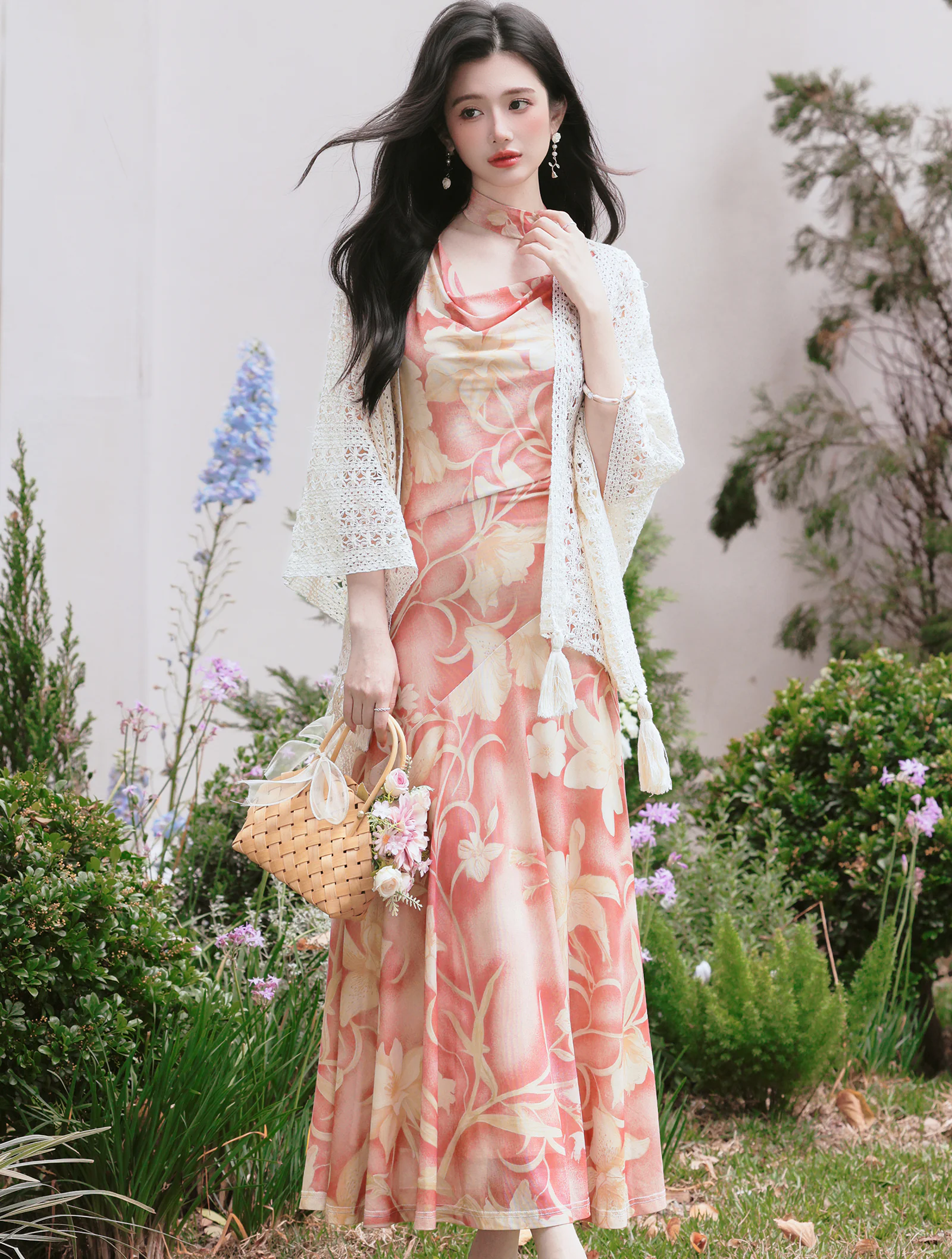 Vintage Cowl Neck Botanical Slip Dress with White Crochet Cover Up Shrug Set01