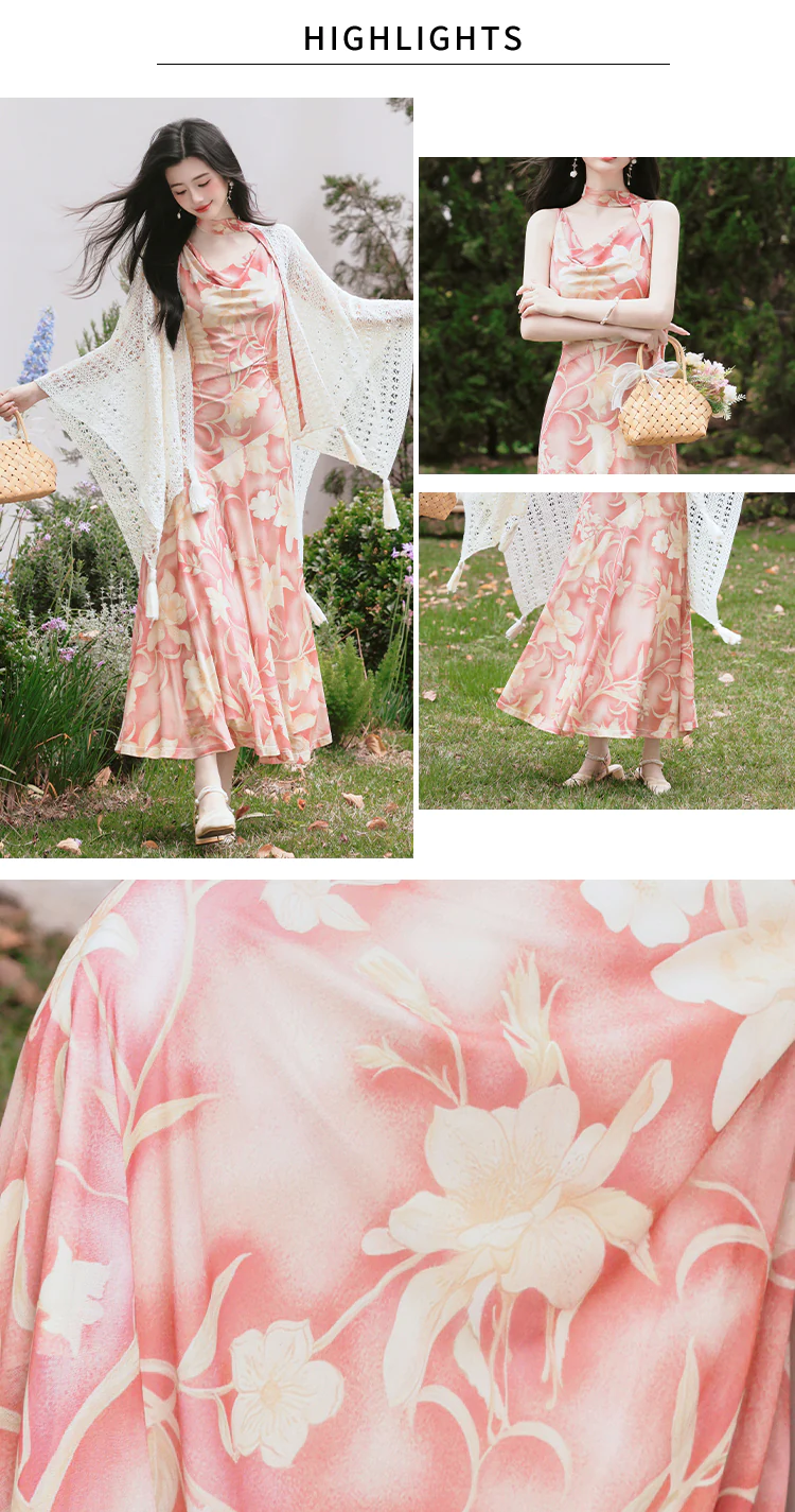 Vintage-Cowl-Neck-Botanical-Slip-Dress-with-White-Crochet-Cover-Up-Shrug-Set09