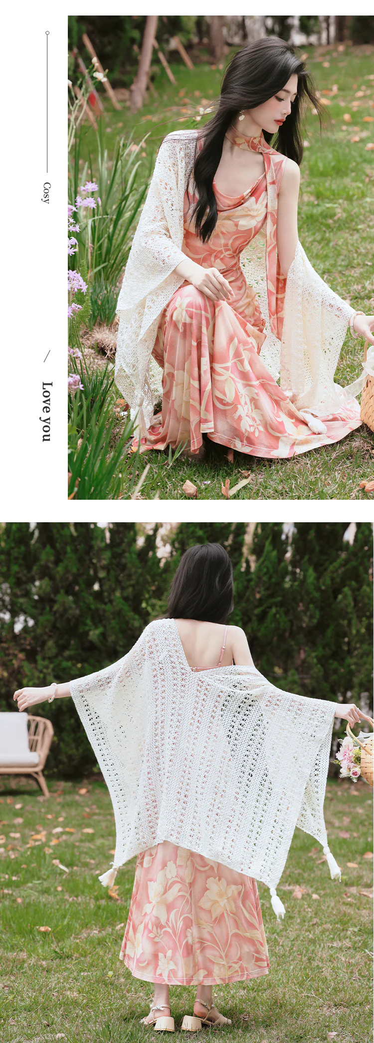 Vintage-Cowl-Neck-Botanical-Slip-Dress-with-White-Crochet-Cover-Up-Shrug-Set12