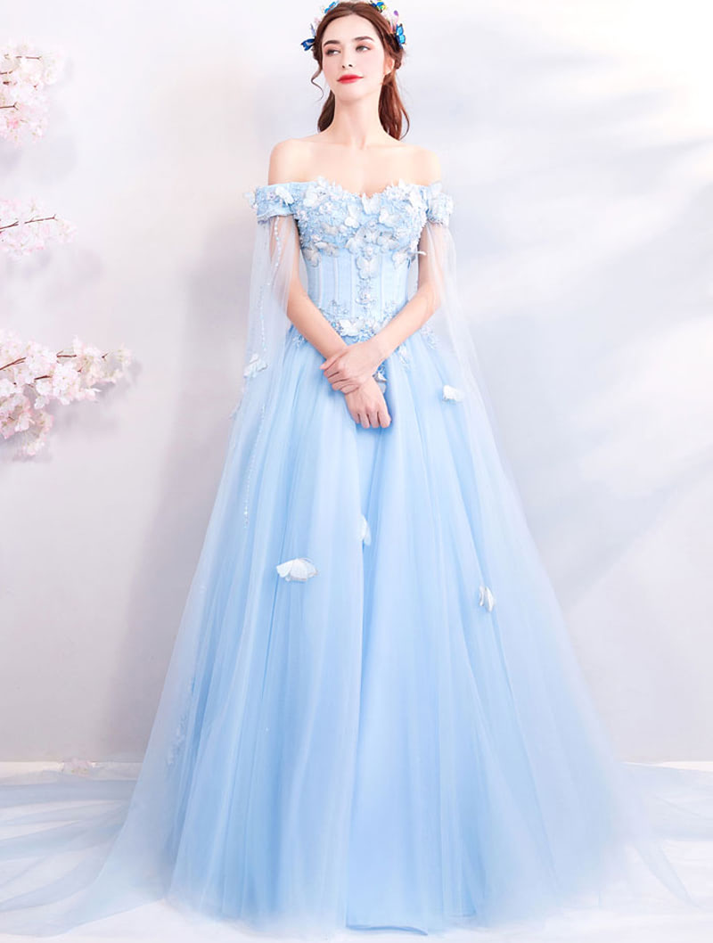 Beautiful Lace Blue Tulle Evening Formal Long Dress with Butterfly01