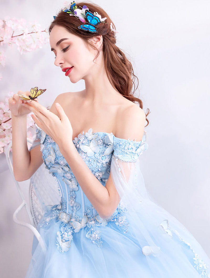 Beautiful Lace Blue Tulle Evening Formal Long Dress with Butterfly03