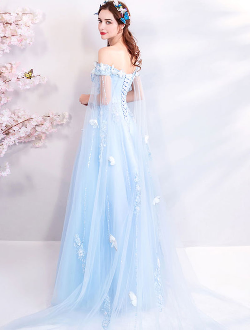 Beautiful Lace Blue Tulle Evening Formal Long Dress with Butterfly01
