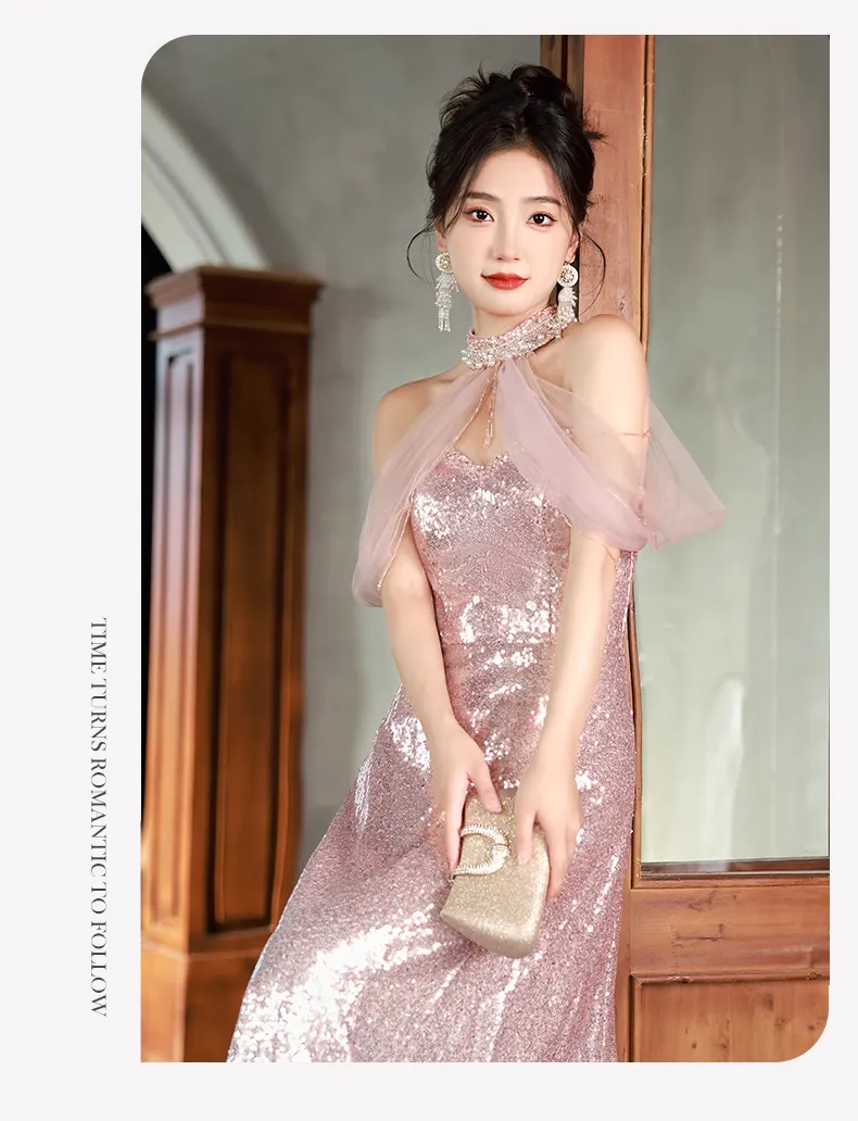 Charming Pink Off-Shoulder Glitter Evening Gown Banquet Party Dress -  FloraShe
