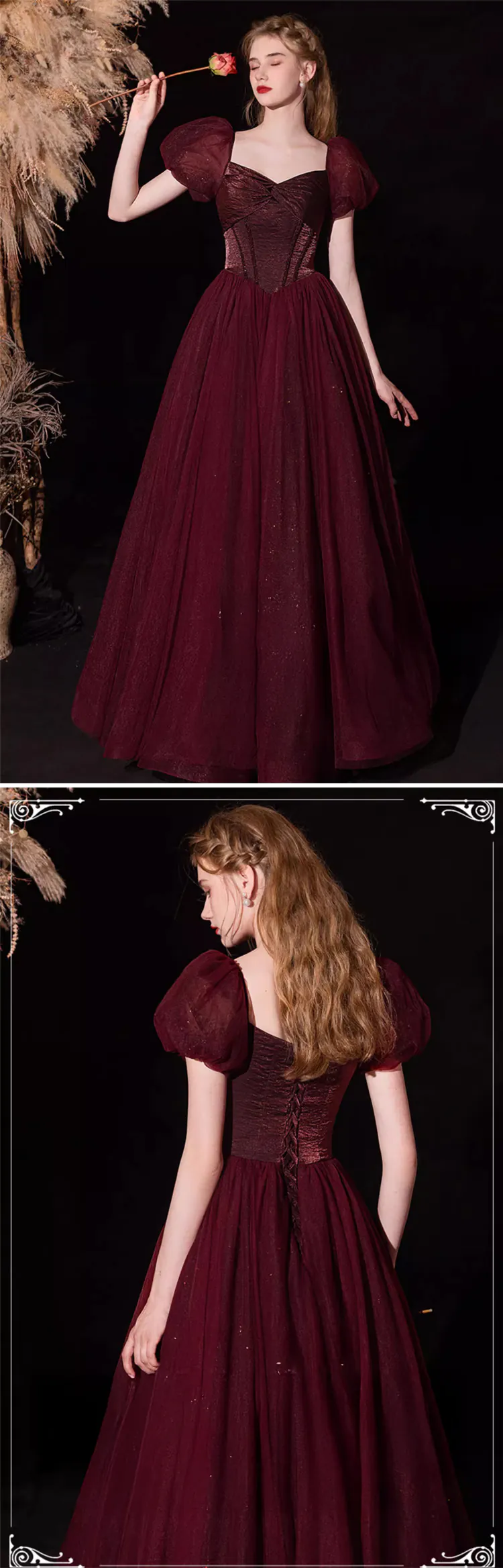 Cherry Red Short Puff Sleeve Tulle Evening Dress Engagement Ball Gown (Size: L)