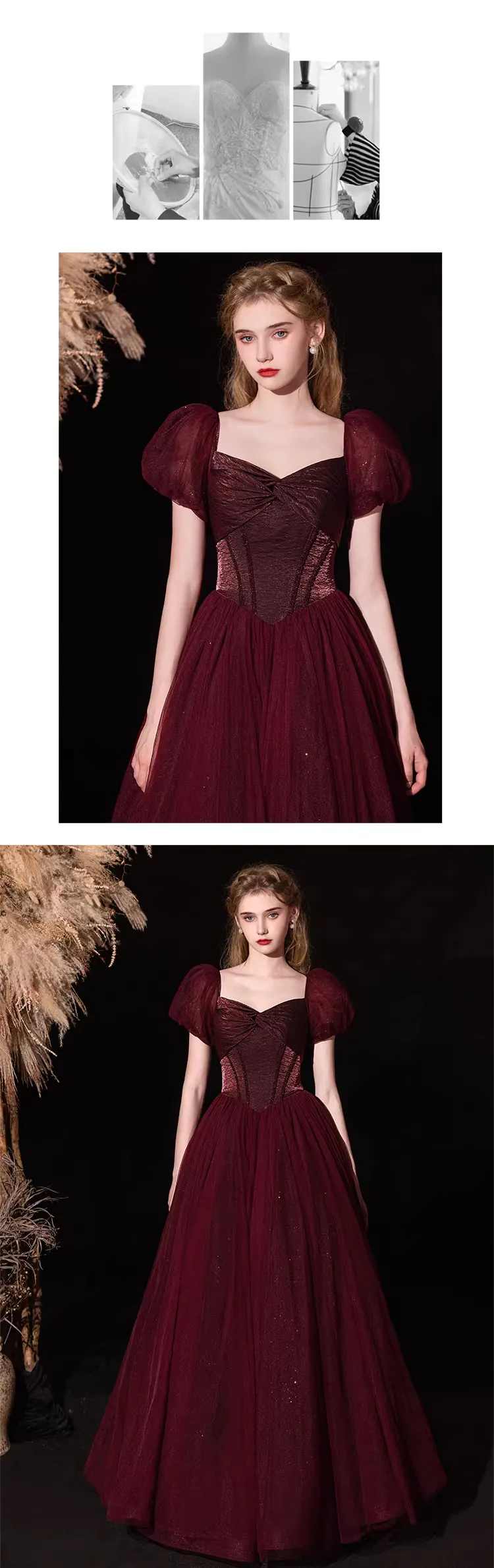 Cherry Red Short Puff Sleeve Tulle Evening Dress Engagement Ball Gown (Size: L)