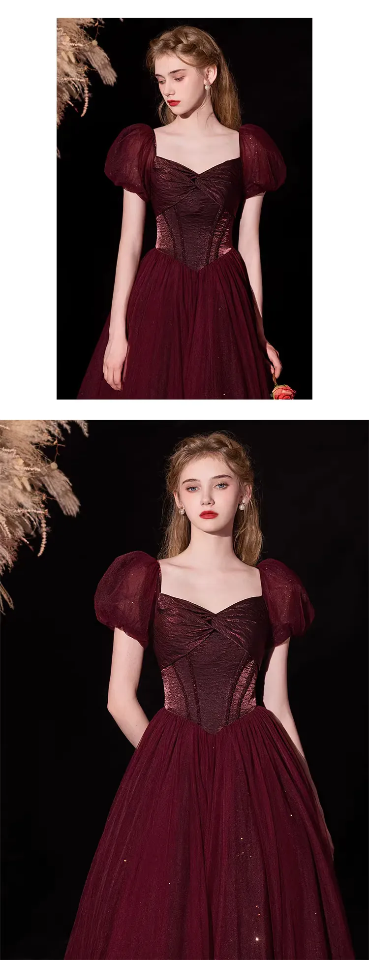 Cherry Red Short Puff Sleeve Tulle Evening Dress Engagement Ball Gown (Size: L)
