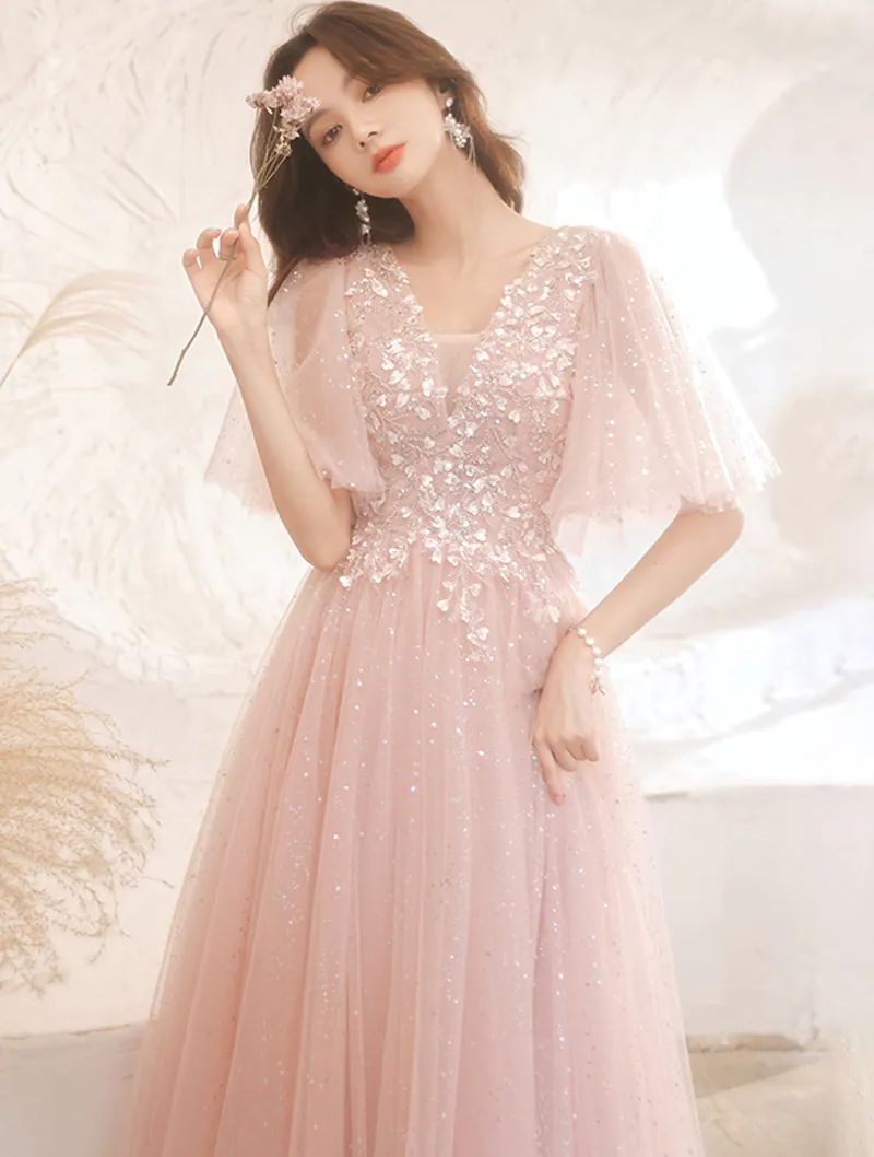 Classy Flutter Sleeve Pink Tulle Formal Evening Party Dress Ball Gown02