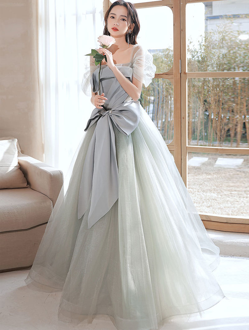Fairy Green Tulle Party Long Formal Evening Dress with Sleeves01