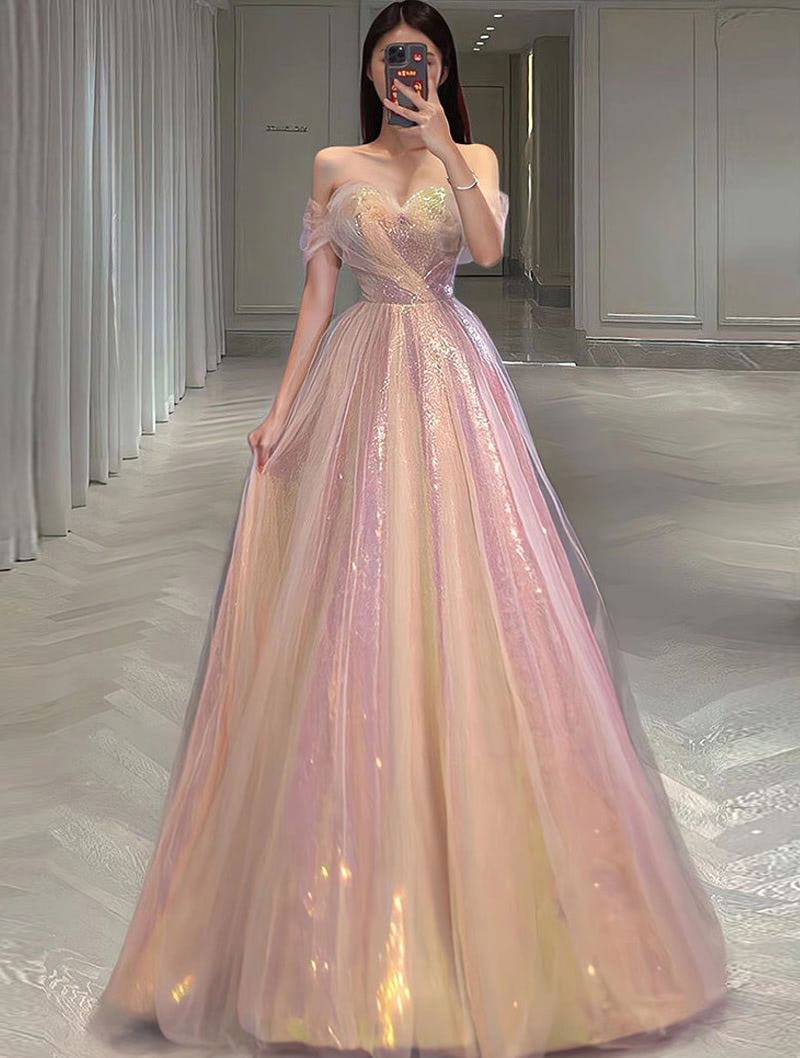 Fairy Off the Shoulder Gradient Pink Mermaid Evening Prom Long Dress01