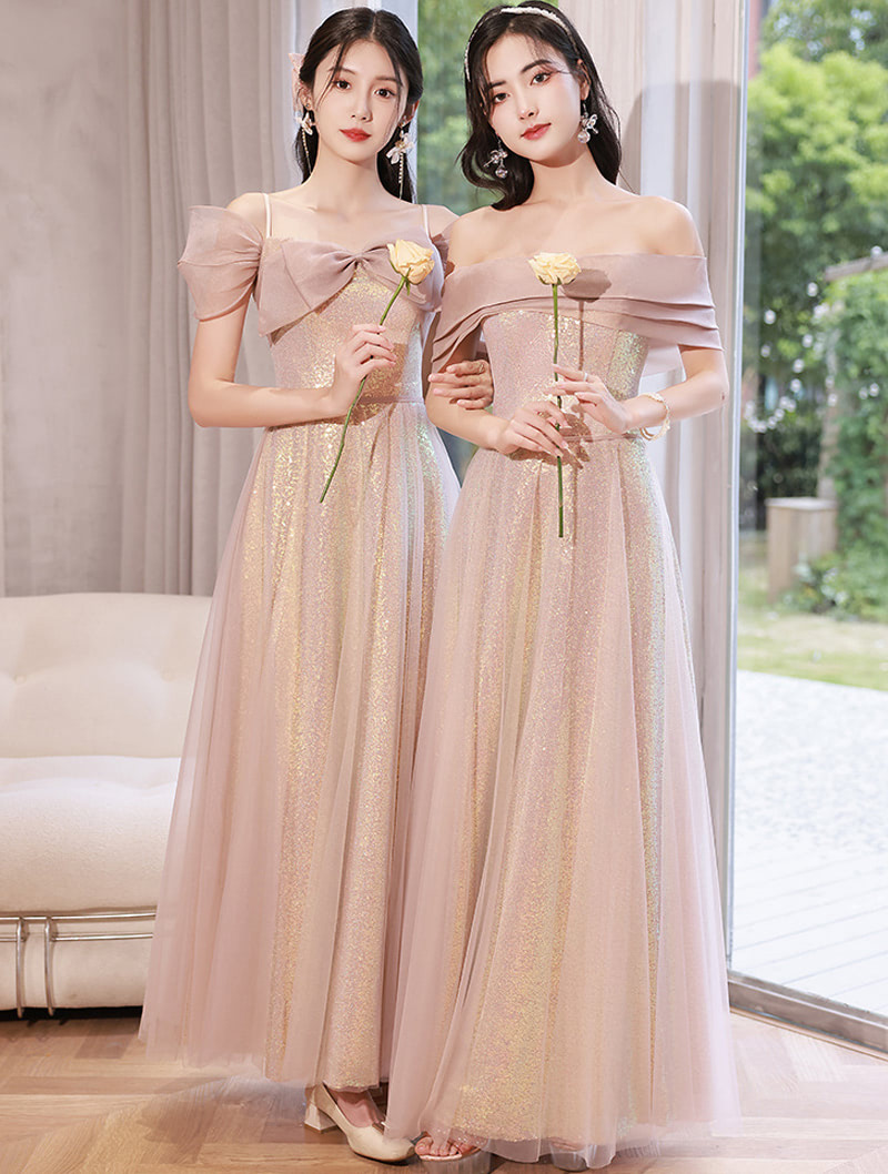 Fairy Starry Pink Slim Bridesmaid Long Dress Wedding Party Gown01