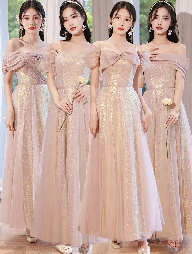 Fairy Starry Pink Slim Bridesmaid Long Dress Wedding Party Gown02