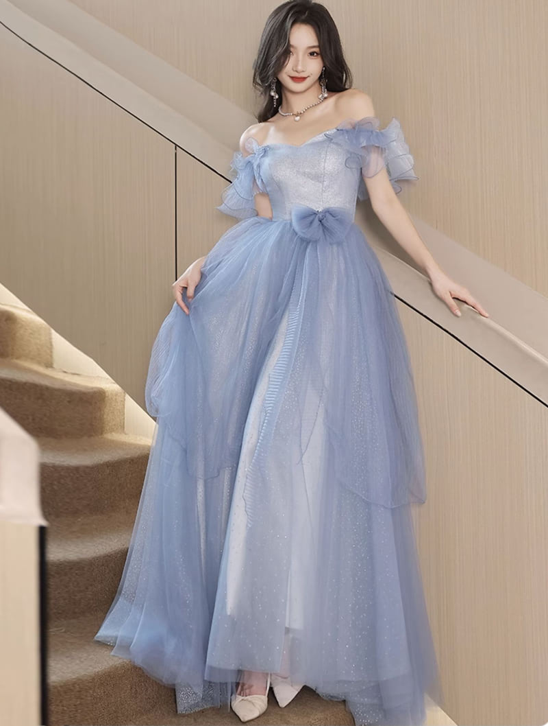 French Stylish Off Shoulder Blue Tulle Evening Dress Party Gown with Bow01
