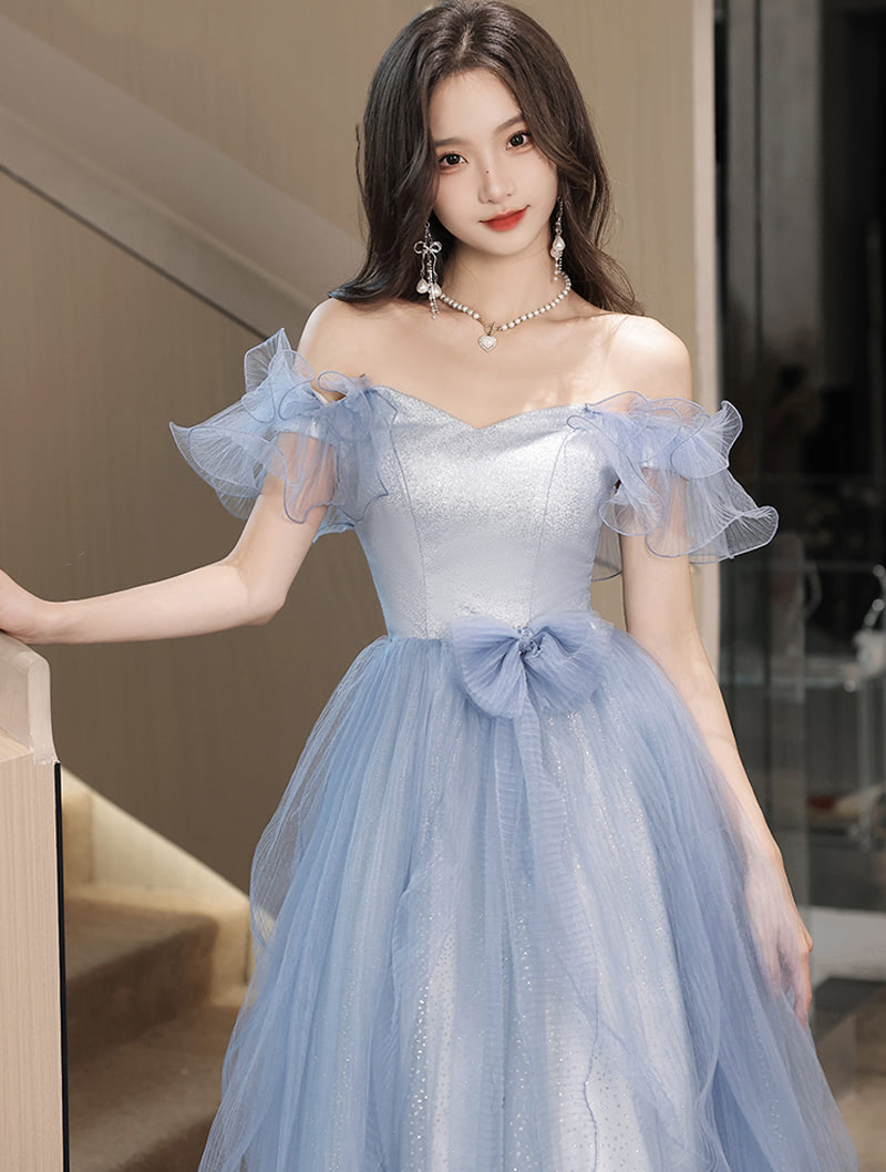 French Stylish Off Shoulder Blue Tulle Evening Dress Party Gown with Bow01
