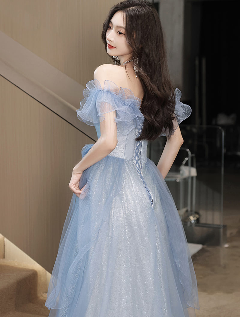 French Stylish Off Shoulder Blue Tulle Evening Dress Party Gown with Bow05