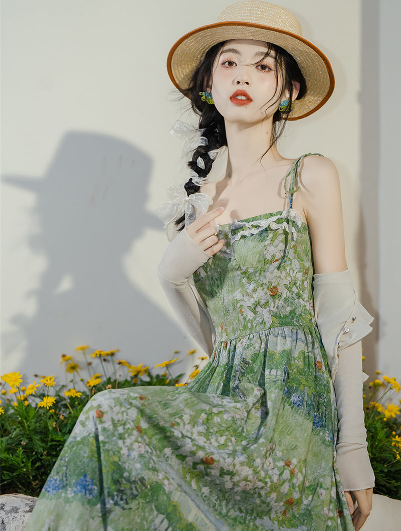 Ladies Aesthetic Green Oil Painting Slip Dress with Cardigan Outfits02