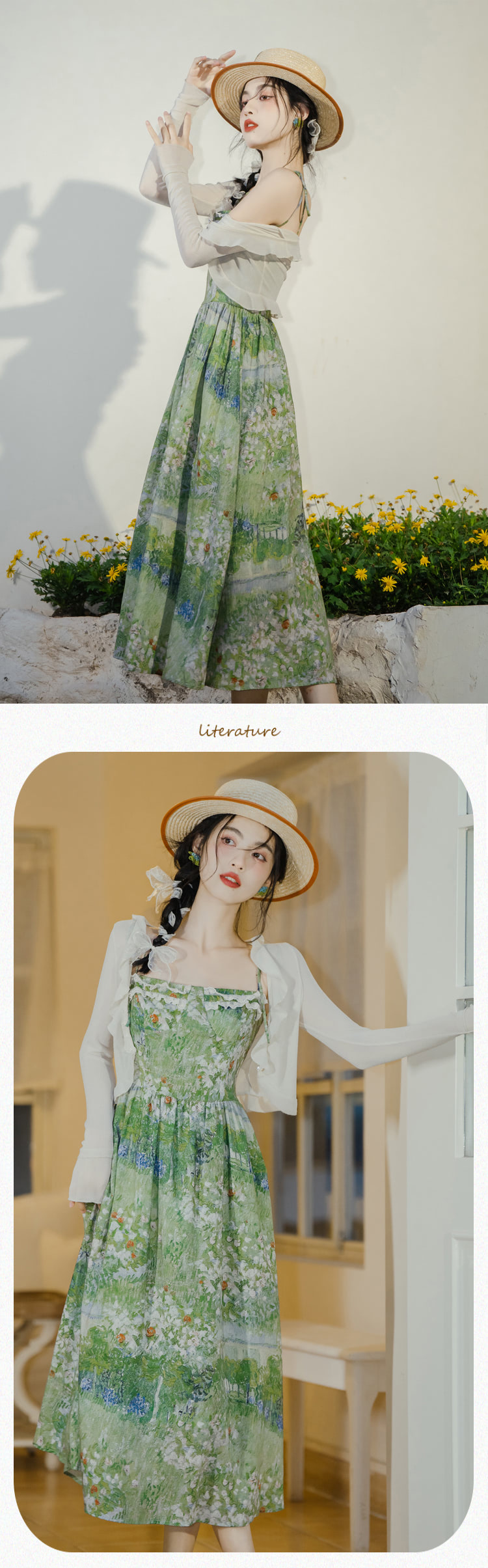 Ladies-Aesthetic-Green-Oil-Painting-Slip-Dress-with-Cardigan-Outfits11