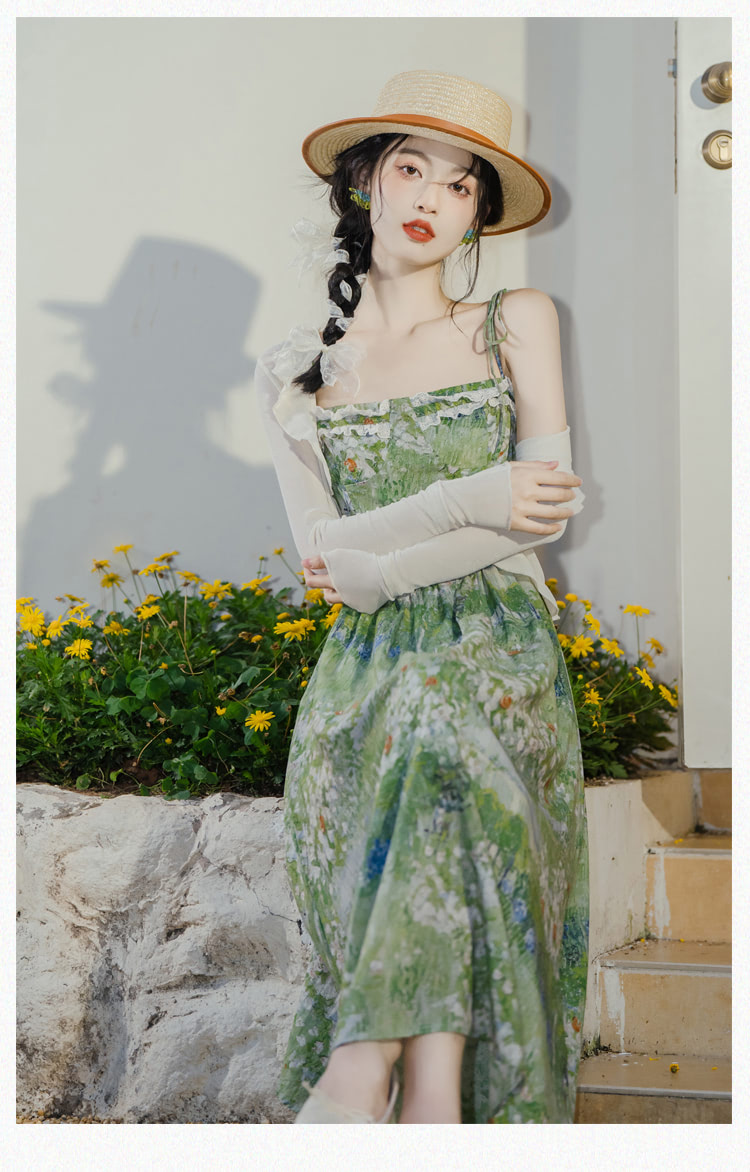 Ladies-Aesthetic-Green-Oil-Painting-Slip-Dress-with-Cardigan-Outfits13