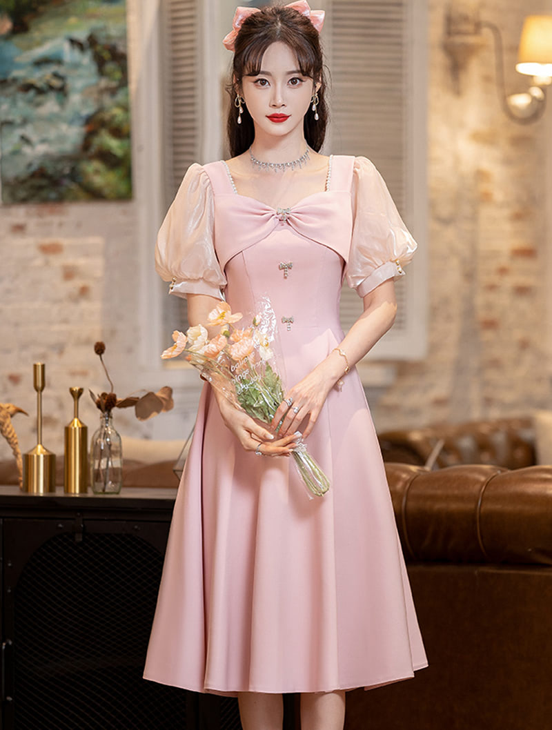 Modest Pink Simple Evening Prom Midi Dress for Party Homecoming01
