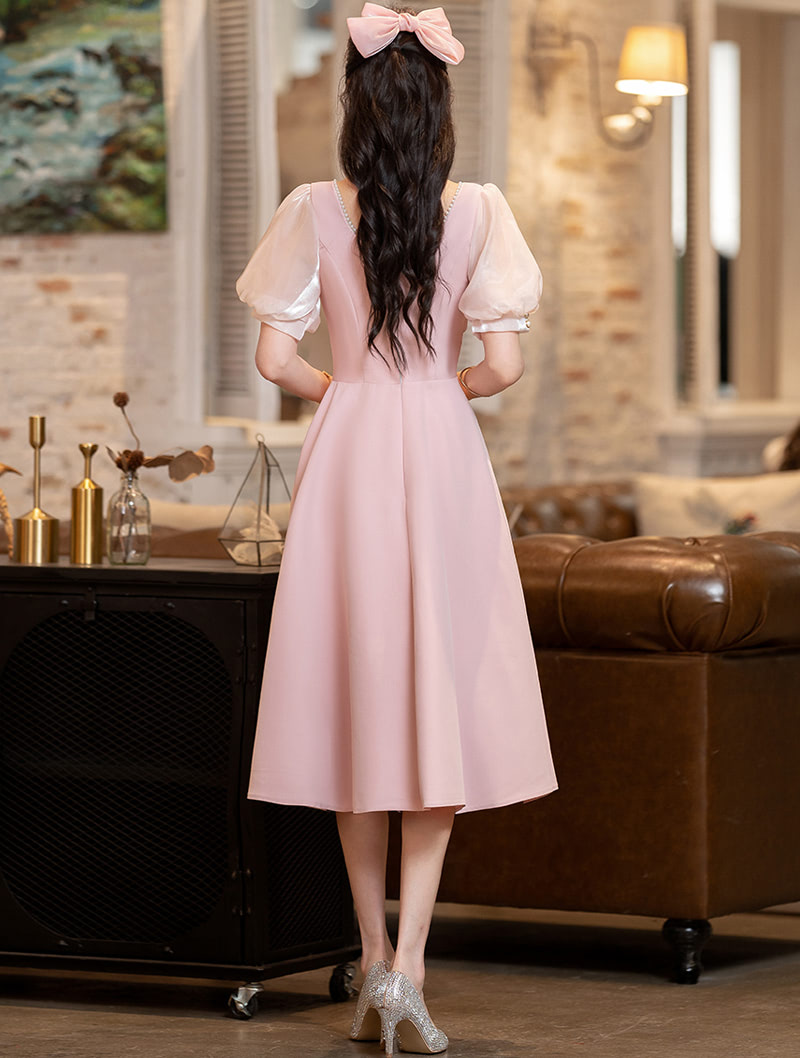 Modest Pink Simple Evening Prom Midi Dress for Party Homecoming01