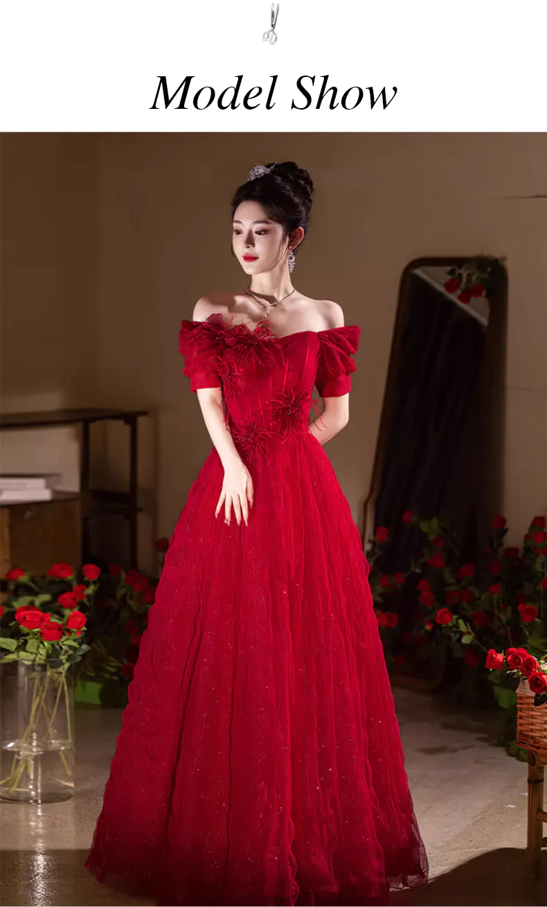 Romantic Short Sleeve Wine Red Long Tulle Formal Dress Evening Party Gown (Size: XXL)