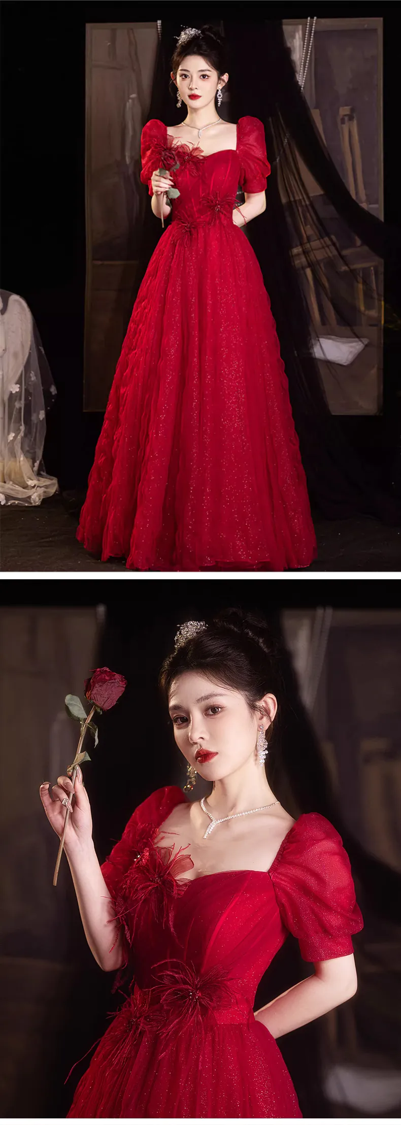 Romantic-Short-Sleeve-Wine-Red-Long-Tulle-Formal-Dress-Evening-Party-Gown13