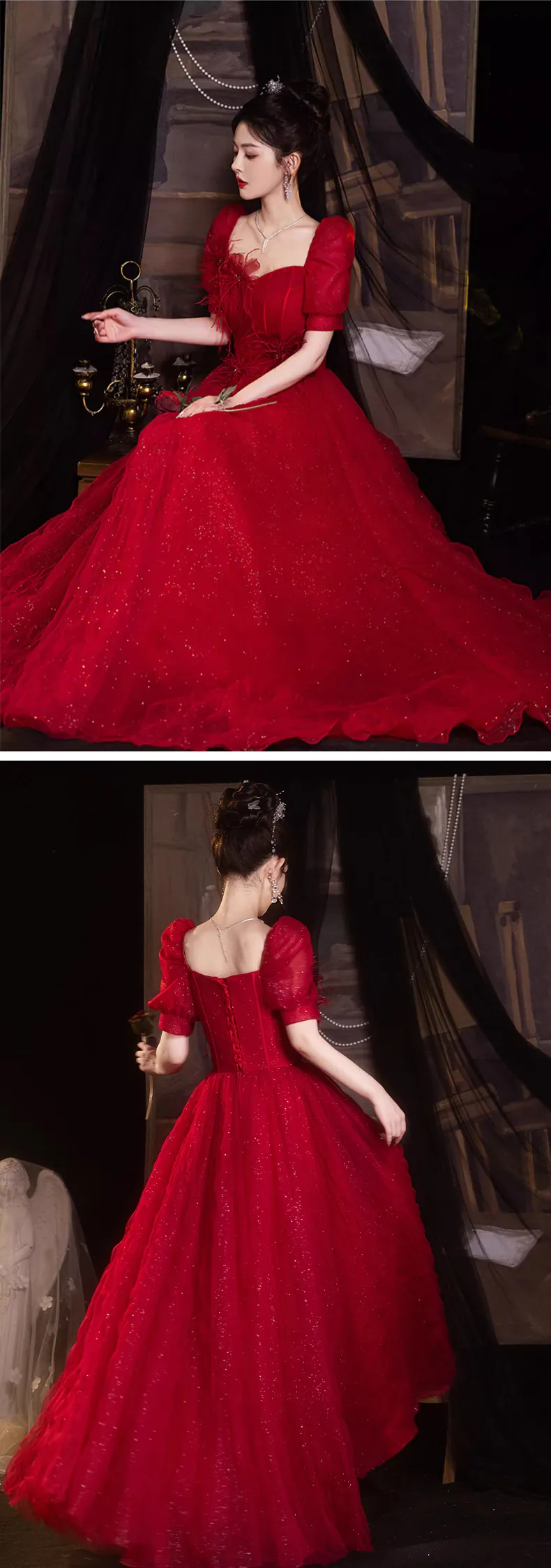 Romantic-Short-Sleeve-Wine-Red-Long-Tulle-Formal-Dress-Evening-Party-Gown14